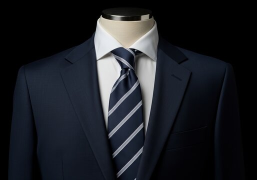Navy blue suit with striped tie