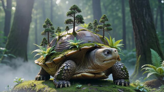 A large tortoise with a forest on its shell stands in a misty forest.