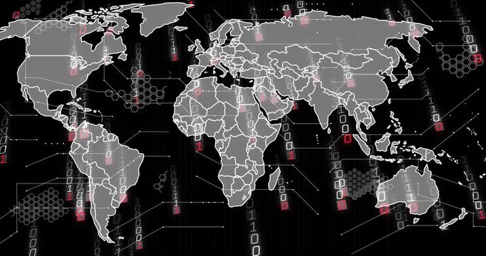Full world outline appearing map starting bit streams falling pink nodes pulsing showing data flow