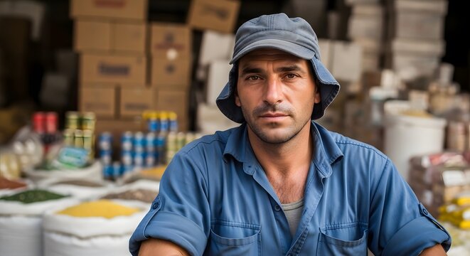 Portrait of a middle-aged male worker in a blue shirt and hat at a local market or warehouse. Concept of small business owner, food distribution, and hard-working laborers in a rustic setting