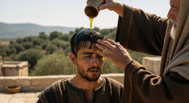 Biblical anointing of a young man with oil. Religious ceremony of choosing a king or leader. Prophet pouring sacred oil from a ceramic vessel. Ancient ritual in a landscape with olive trees