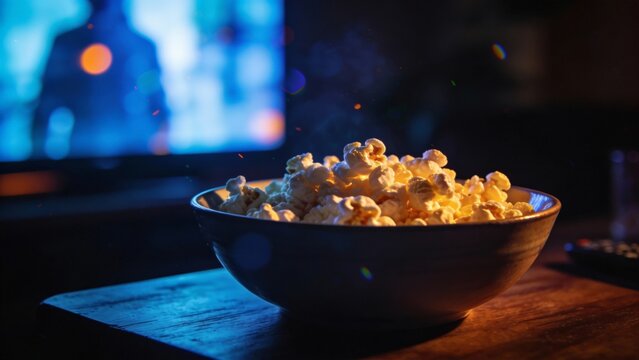 Bowl of fresh popcorn sitting on wooden table in front of blurred silh.