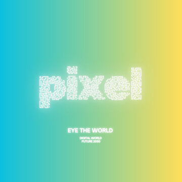 High-quality vector-style illustration of the word "pixel" in white glowing maze lines. Includes futuristic subtext "Eye the World" and "Future 2050." Concept for digital identity, data security, and 