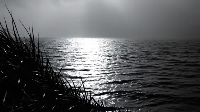 Black and white seascape with dark vegetation in foreground as the sun reflects on rippled water under a cloudy sky
