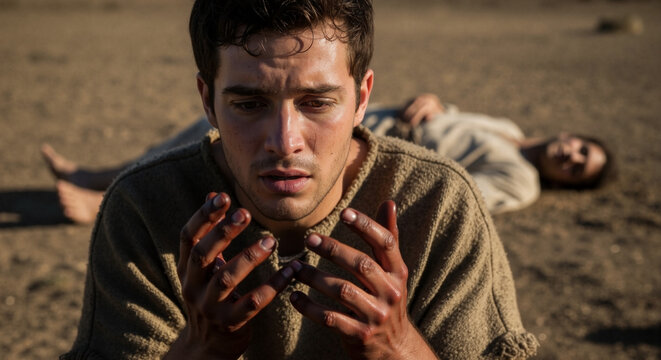 Young man looking at his hands in guilt with a body in the background. Biblical scene of Cain and Abel after the murder. Concept of remorse and jealousy in a barren landscape