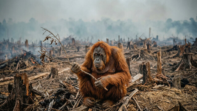 Displaced Orangutan Surviving in Burned Deforested Palm Oil Plantation