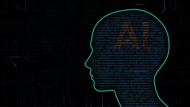 Abstract Neon Head With Binary Code Pattern. Cybernetic Silhouette Of Head With Digital Circuitry Design