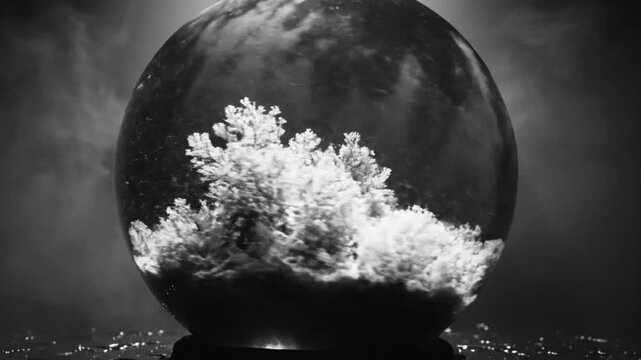 Black and white close up of a snow globe with a dark forest scene and water droplets on the surface