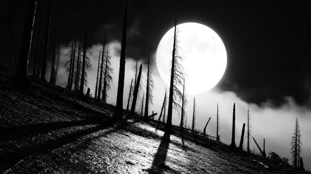 Spooky night scene of dead trees silhouetted against a full moon on a dark, desolate hillside