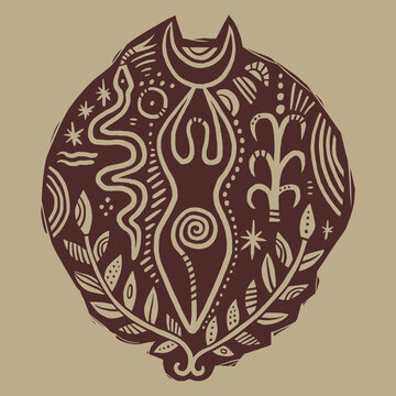 Minimalist Neolithic Mother Goddess, vector clip-art boho sacred feminine abstract figures in linocut engraving style, nature grounding illustration