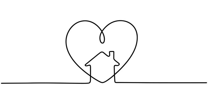A clean and minimalistic continuous one line drawing of a house with a heart, vector illustration
