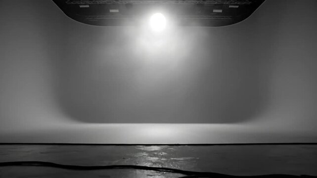 Empty Studio Space with Curved White Backdrop and Overhead Lighting Creates a Dramatic Atmosphere