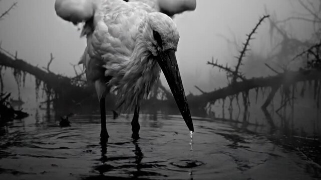 Black and white monochrome shot of a bird in shallow water with outstretched wings and drooping water dripping from beak