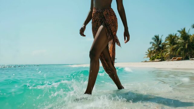 Low angle of Black woman legs walking through splashing ocean water, surreal.