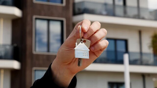 Young man holding keys to his new apartment with house-shaped keychain, real estate purchase, moving in, happy homeowner.