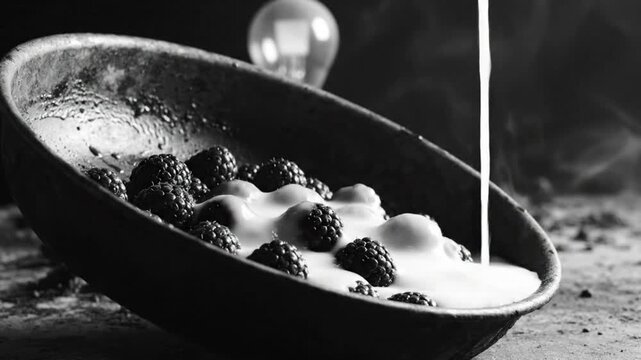 Black and white close up of blackberries in an antique bowl being poured over with cream.