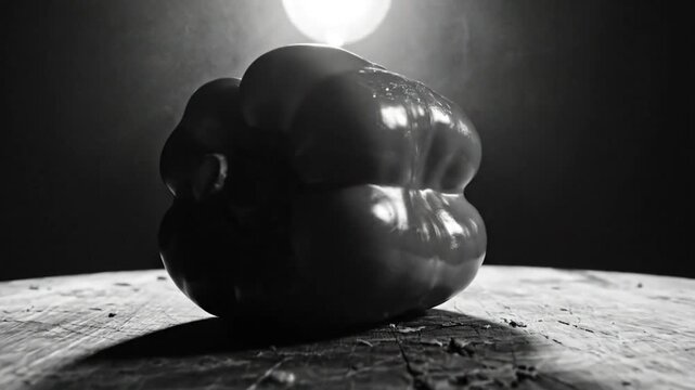 Dramatic studio shot of a red bell pepper illuminated under a bright light source on wooden surface
