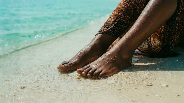 Close up of African woman feet in crystal clear ocean water on beach