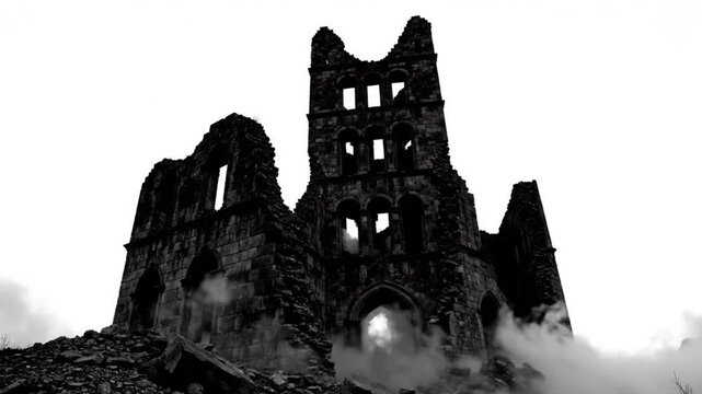 Spooky ruined gothic architecture in black and white with dramatic fog and atmospheric effect