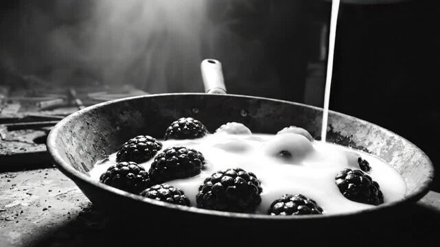 Black and white shot of fresh blackberries in a pan with milk being poured on them