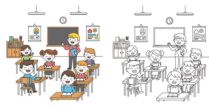 Cute cartoon classroom illustration with teacher and students. Color version and black and white line art coloring page outline design for kids education.