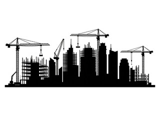 Silhouette of a city skyline under construction with cranes and buildings against a white background, representing urban development © akila