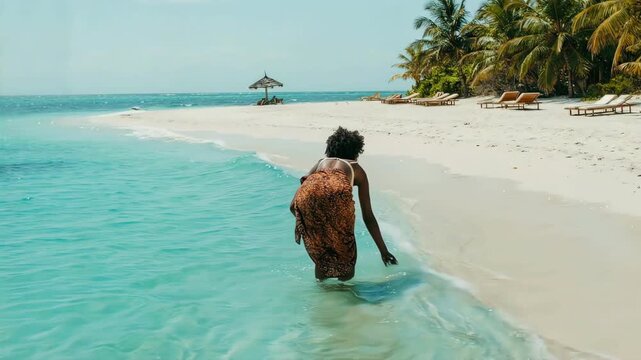 Back view of African woman walking into turquoise ocean water, cinematic