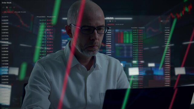 Experienced Trader Examining Live Order Flow Through Advanced Multiscreen Setup With Indicators