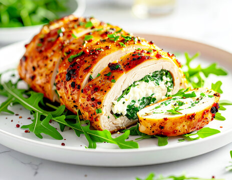 Chicken breast roulade with goat cheese and arugula, white serving plate, closeup. AI