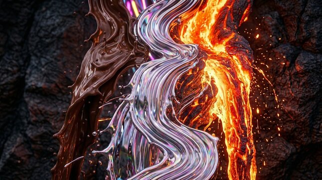 Close-up Symmetrical Fusion of Dark Chocolate Flow and Iridescent Lava Flow. A high-definition close-up 3D render showing the direct, parallel fusion of dynamic, textured flows. Rich, 