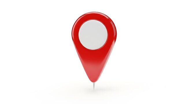 Bright red three-dimensional map pin or location marker with a white center, symbolizing navigation, place, or destination on a clean white background, ideal for digital mapping applications
