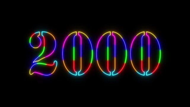 Abstract 2000 neon colourful text animation ,For neon colourful Glowing neon number text background 4k video animation .Digital font against a dark background with neon line looping animation.