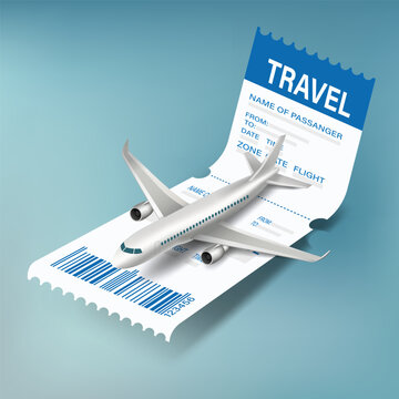 Flight booking and airline travel concept with 3D airplane on boarding pass ticket, vacation trip planning, air transportation and international tourism journey illustration.