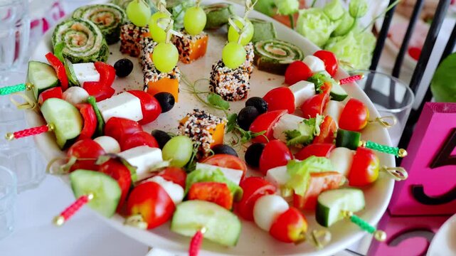 Gourmet appetizers skewered with vibrant vegetables, cheese, fruit, elegantly displayed on crisp white plate, presenting sophisticated party food design