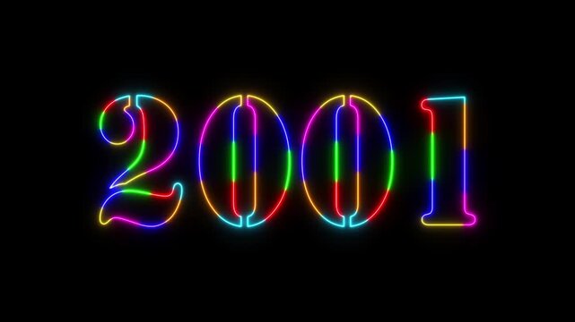 Abstract 2001 neon colourful text animation ,For neon colourful Glowing neon number text background 4k video animation .Digital font against a dark background with neon line looping animation.