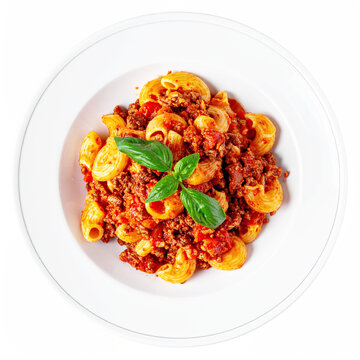 Elbow pasta, with ground beef meat and tomato sauce, white background, top view. AI