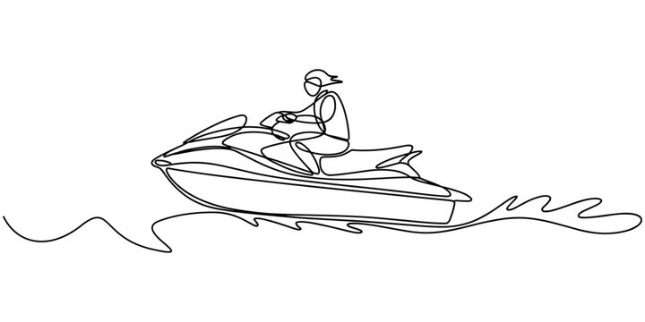 jet ski continuous one line drawing, Healthy lifestyle sport concept. Happy tourist vacation. self drawing of single continuous line draw young.