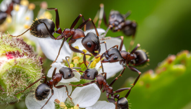 Ants gather on white flowers