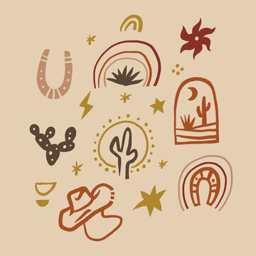 Elegant bohemian western branding clip-art kit, minimalist desert icons with wild west motifs, terracotta monochrome canyon and horseshoe logo elements, vector line art set.