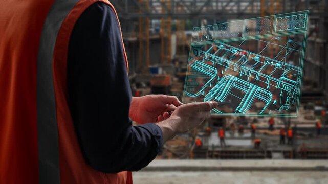 Professional Technician Carefully Examines Schematic Details Amidst Busy Construction Activities For Accuracy
