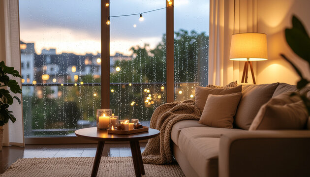 Cozy living room interior with warm lighting