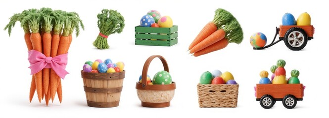 3D Easter Carrot Bunch Basket Barrel Crate Wagon Colored Eggs Horizontal Set