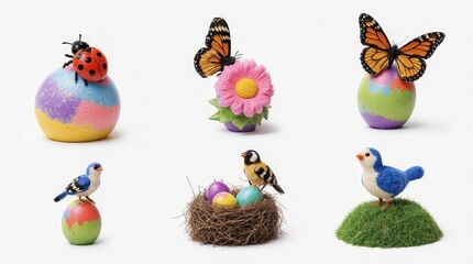 3D Easter Butterfly Ladybug Bluebird on Decorated Egg Nest Spring Nature Horizontal
