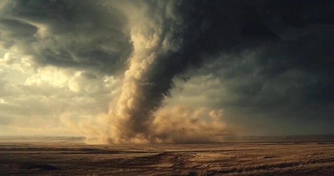 A powerful dust devil swirls across a barren, sun-baked plain under a dramatic, stormy sky, creating a sense of raw natural force and isolation