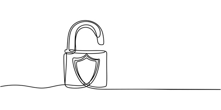A continuous line art illustration of a minimalist, modern padlock design, Continuous one line drawing of metal padlock. Padlock security sign symbol vector illustration, One continuous line drawing.