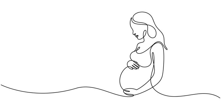 Continuous line drawing of a pregnant woman. One line drawing of a pregnant woman. Pregnant belly. Minimalist contour illustration of a happy mother.