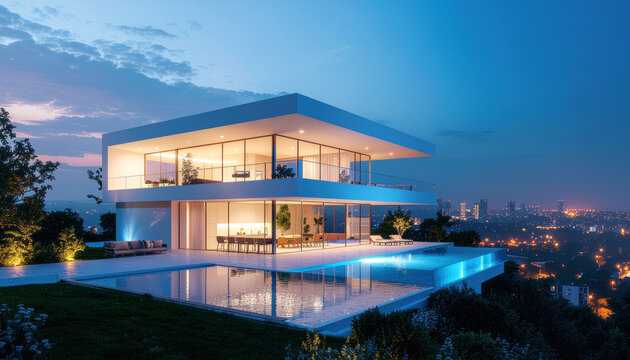 Modern luxury home with pool at dusk