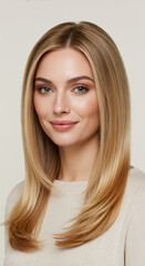 Naklejka premium Smiling young woman with long straight blonde hair. Happy female model with layered hairstyle portrait
