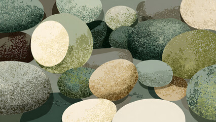 Flat vector illustration of moss-covered river stones with clean shapes, muted green and beige tones, natural texture-inspired design for patterns, backgrounds, and decorative use
