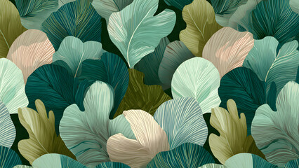 Layered tropical foliage pattern in soft muted greens with clean line work and flat shading, ideal for tropical design, wallpapers, and botanical illustration